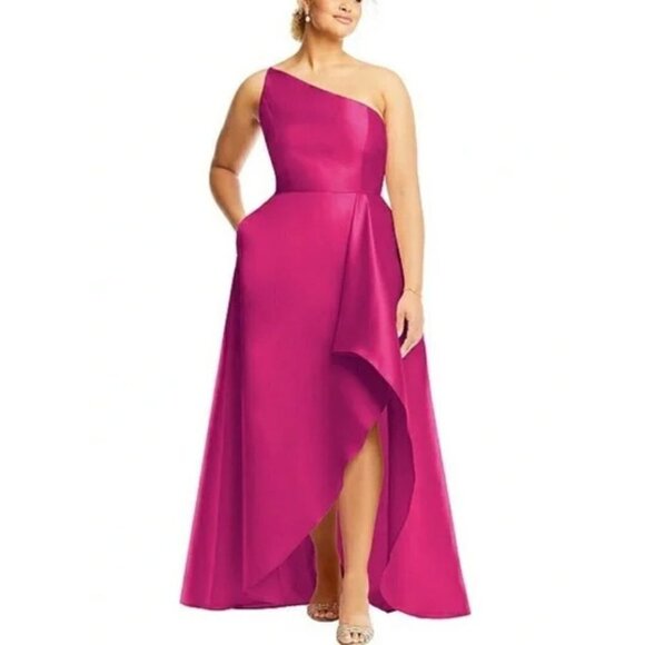 New Alfred Sung Size 8 One-Shoulder Satin Gown Alfred Sung Tea Rose *ThreadPull* - Picture 1 of 15